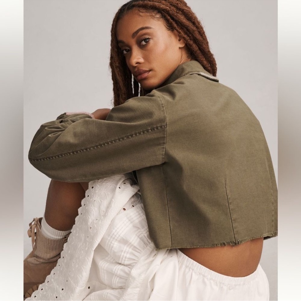 Anthropologie x Pilcro Cropped Jacket in Army Green with Pink and Blue Stitch - Picture 3 of 4